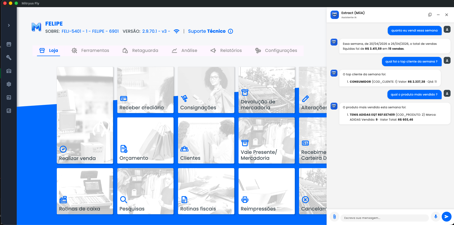 Mitryus Fly com Extract (MIIA) respondendo: total de vendas, top 5 clientes e top vendedores