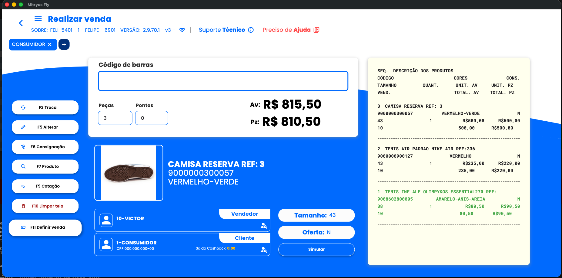 Tela de Realizar Venda no Mitryus Fly com produto, cliente e pré-visualização fiscal