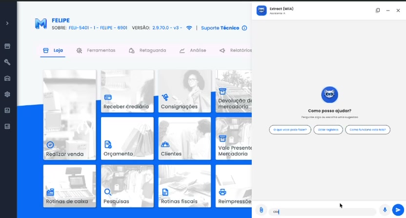 Mitryus Fly com painel Extract (MIIA) aberto em modo welcome