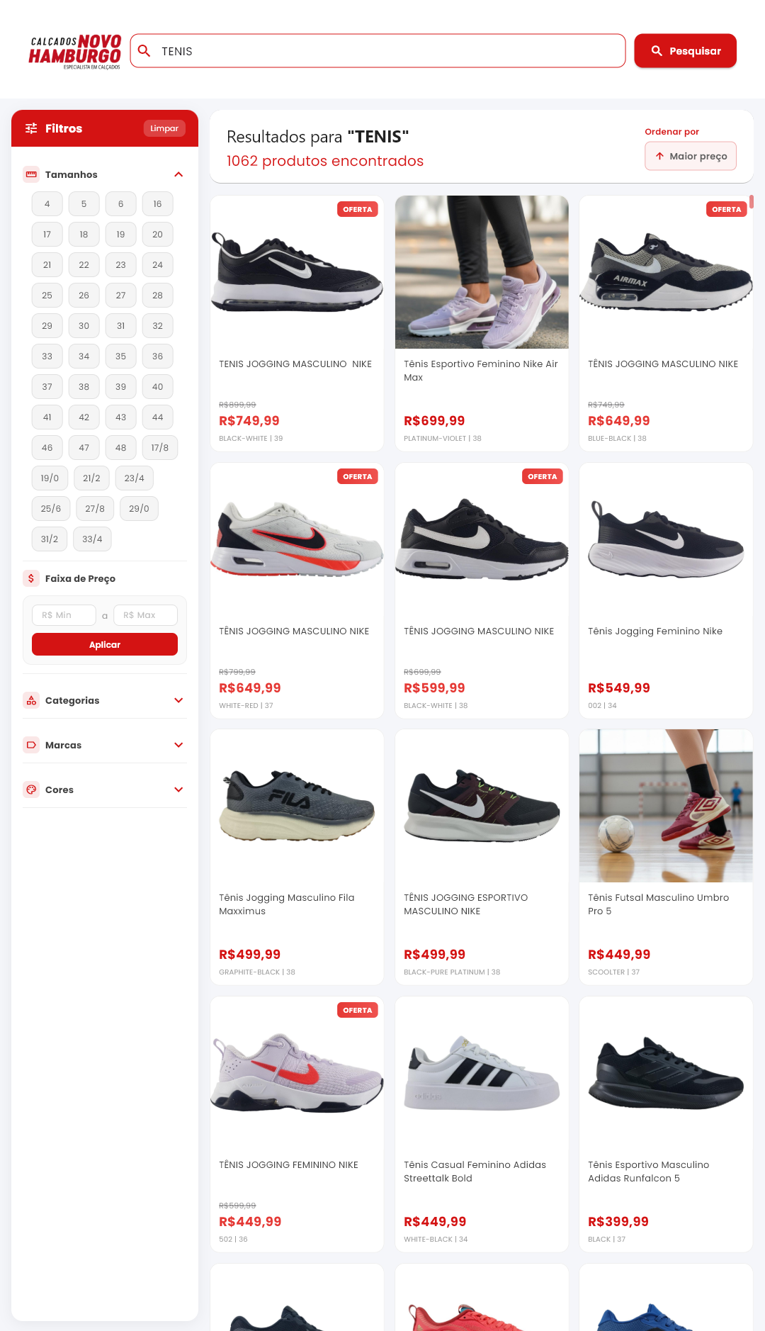 Catálogo do Totem Vetor com busca por TÊNIS, filtros de tamanho, marca, cor e preço