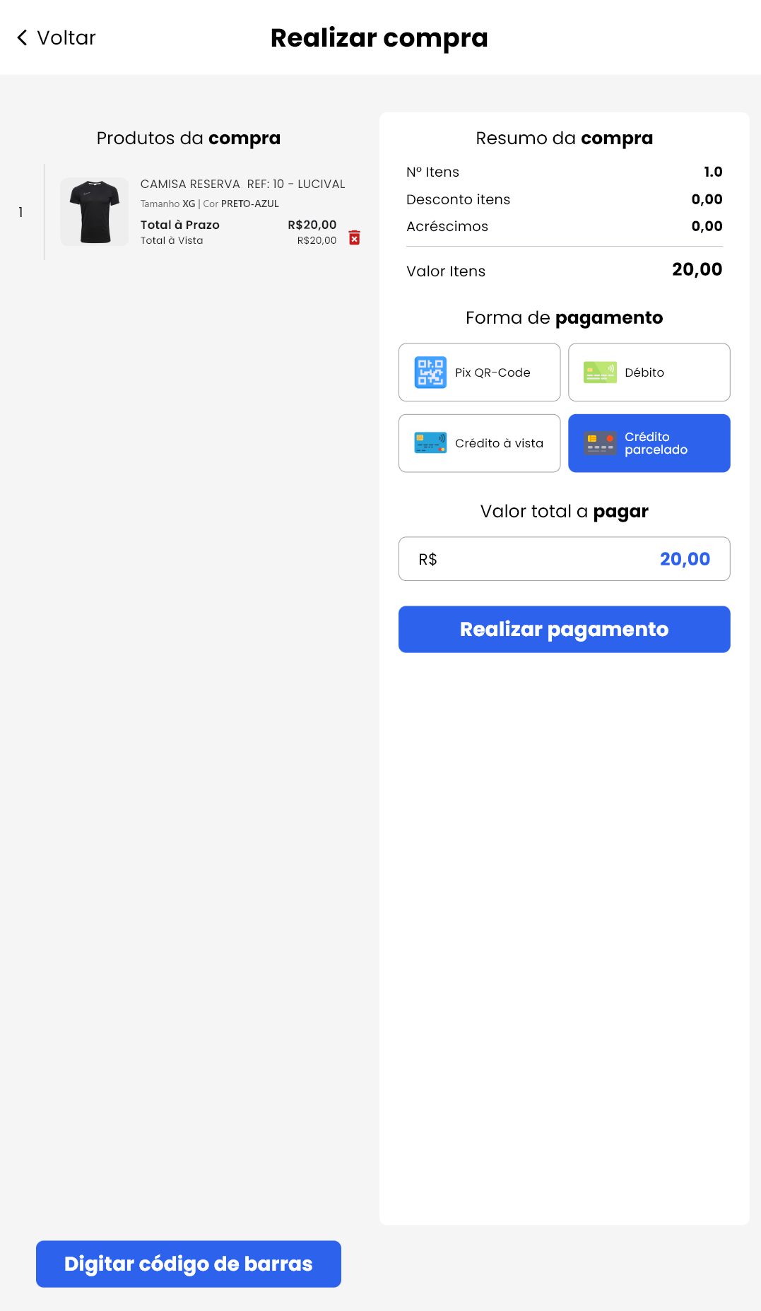 Tela de realizar compra do Totem com Pix QR-Code, Débito, Crédito à vista e Crédito parcelado